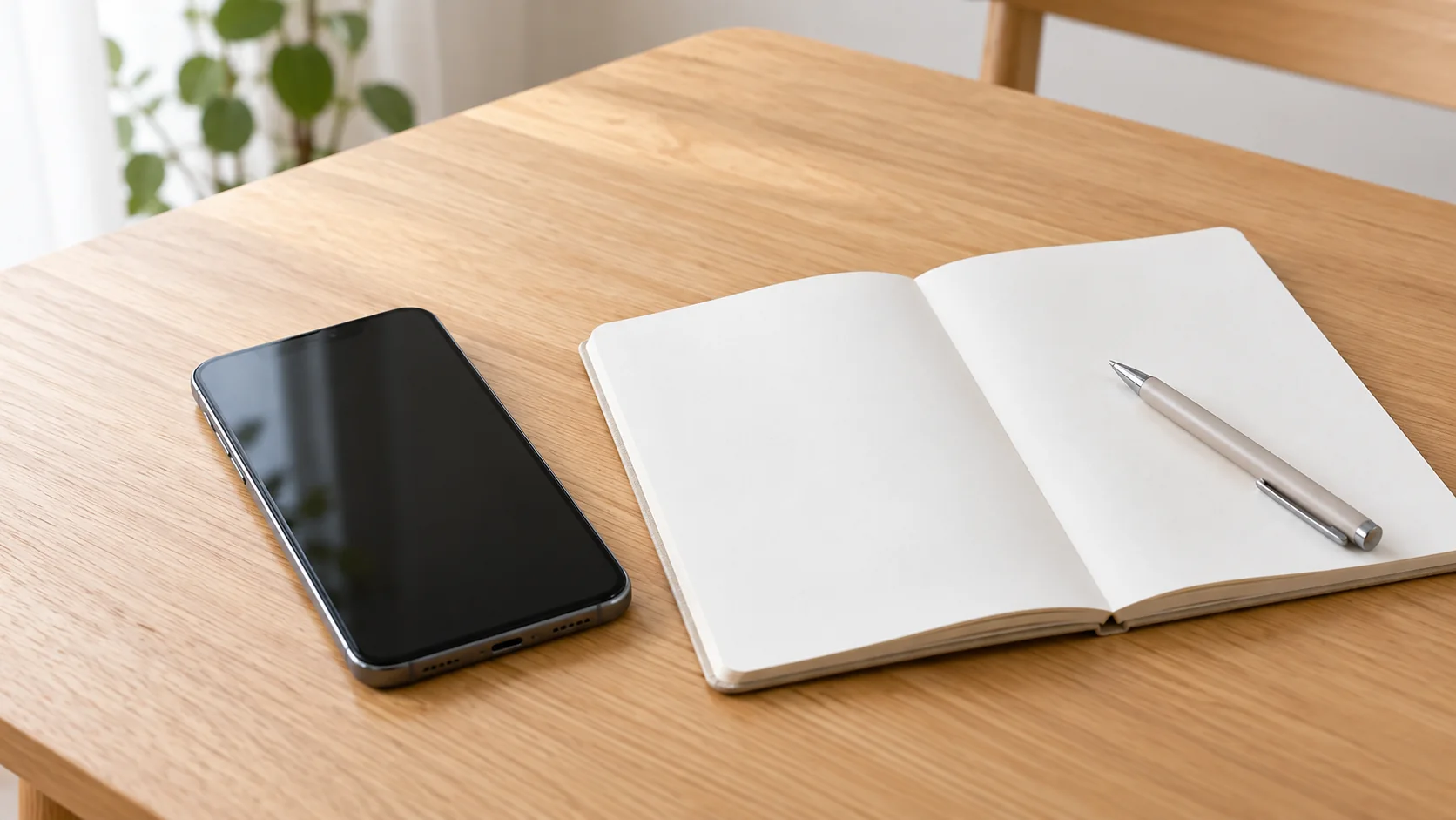 木製テーブルに画面が暗いスマートフォンと白紙ノート、ペンを置いた様子