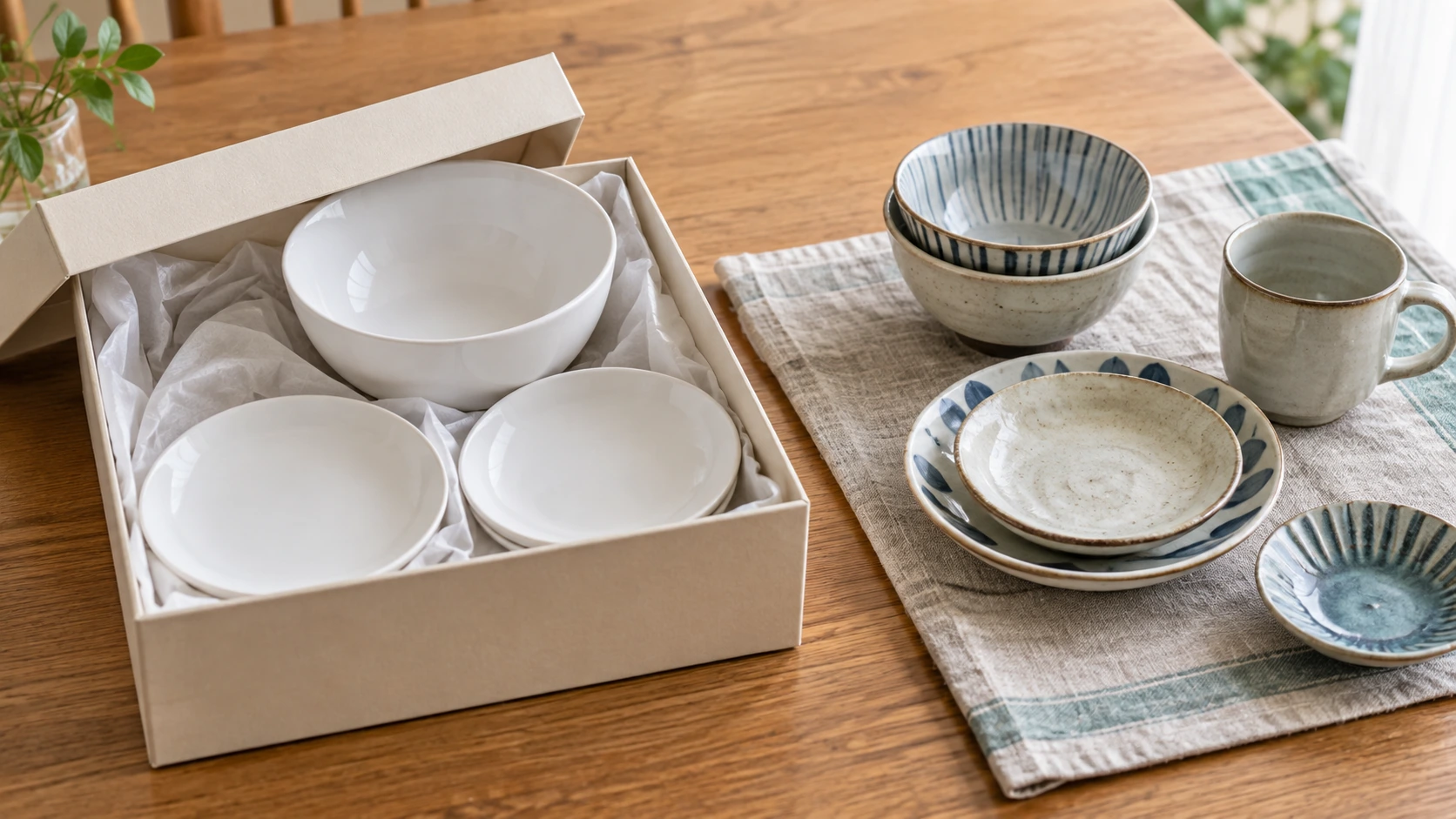 箱入りの食器と普段使いの食器を分けた説明用イメージ