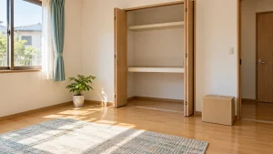 片付けの完了範囲を確認する室内と空の収納の説明用イメージ