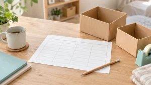 白紙の日程用紙と梱包箱を並べた片付け計画の説明用イメージ
