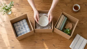 成人の手元で一般家財を無地の三つの箱に分ける説明用イメージ