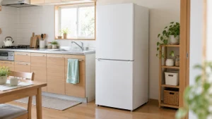 一般的な住宅のキッチンに置かれた白い冷蔵庫の説明用イメージ