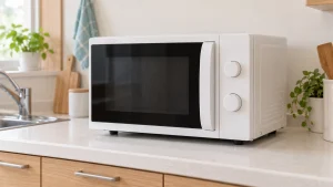 日本の住宅のキッチンカウンターに置かれた白い電子レンジの説明用AI画像