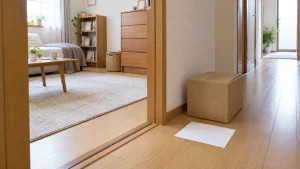 家財と木製収納が残る一部屋に隣接した廊下の端へ白紙と小箱を置いた説明用AI画像