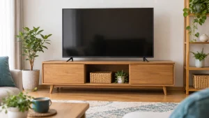 テレビと木製のテレビ台を写した説明用イメージ（AI生成）