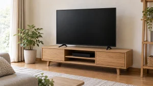 低い木製テレビ台の上に画面の暗いテレビ、開いた棚に小さな黒いプレーヤーが置かれた全景の説明用AI画像