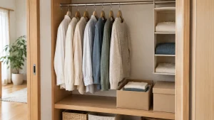 衣類を残した収納と取り分けた衣類の無地箱を並べる説明用イメージ