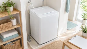 洗面所に設置された洗濯機と白紙の確認用紙の説明用イメージ